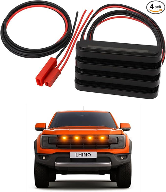4pc Amber LED Front Grille Lights Compatible with 2022-2025 Ford Next-Gen Ranger Raptor Trucks, Smoked Lens, Seamlessly Integrates with AUX Switch (Amber, 4 LED)