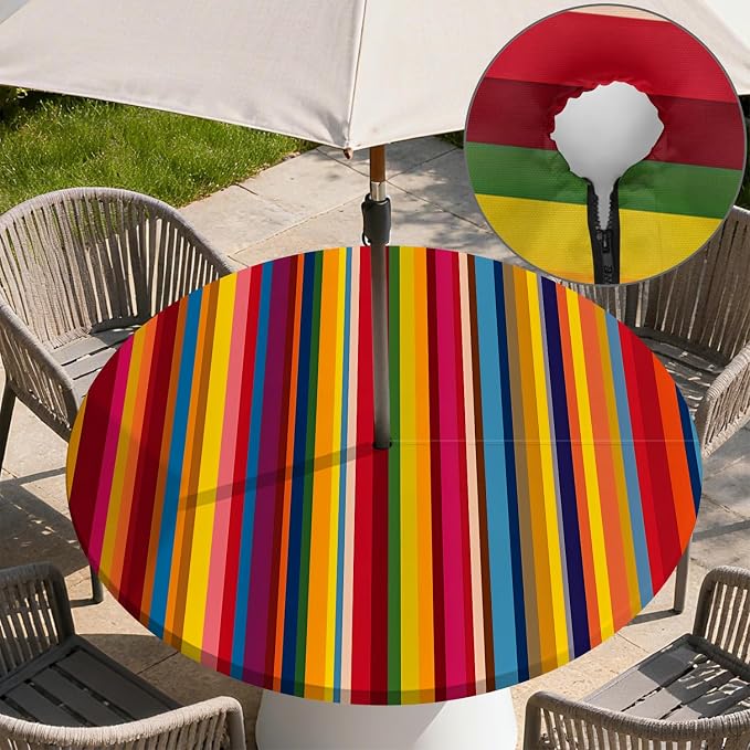 Outdoor Tablecloth with Umbrella Hole and Zipper Fits 53-60" Tables | Waterproof Round Fitted Tablecloth with Elastic Edge, Wipeable Outdoor Table Cover for Patio, Garden, Picnic