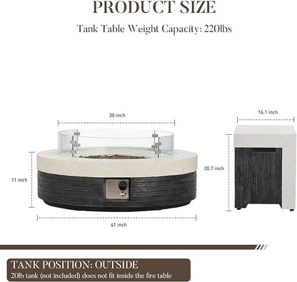 COSIEST 42" Outdoor Propane Fire Pit Table w Tank Cover & Wind Guard, Round Gas Fire Pit Table with Concrete & Wood Grain Design, 50000BTU Fire Tables for Patio, Backyard, Garden