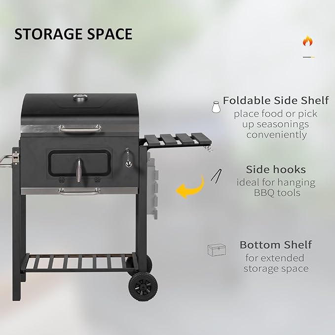 Charcoal BBQ Grill, Outdoor Portable Cooker for Camping or Backyard Picnic with Side Table, Bottom Storage Shelf, Wheels and Handle, Black
