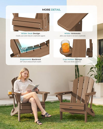 Ciokea Folding Adirondack Chair 4 Pack, Patio Adirondack Chair Weather Resistant, Plastic Fire Pit Chair with Cup Holder, Lawn Chair for Outdoor Porch Garden Backyard Deck (Teak)
