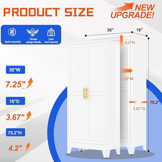 GAIOUS 75'' Tall Metal Garage Storage Cabinet,File Cabinet with 2 Doors and 5 Adjustable Shelves, Outdoor Steel Tool Cabinet for Home,Office,Warehouse,Garage,White