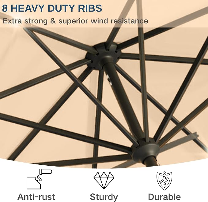 9' Solar LED Patio Umbrella with Tilt & Crank|8 Sturdy Ribs,UV Protection,Outdoor Market Table Umbrella for Deck,Lawn,Pool,Backyard (Khaki)