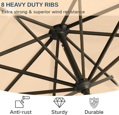 9' Solar LED Patio Umbrella with Tilt & Crank|8 Sturdy Ribs,UV Protection,Outdoor Market Table Umbrella for Deck,Lawn,Pool,Backyard (Khaki)