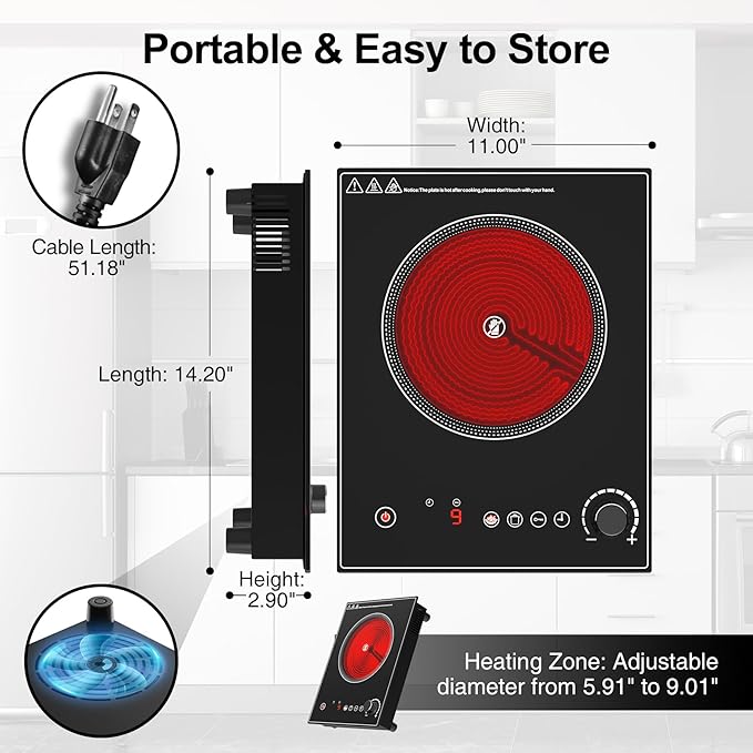 1800W Portable Electric Cooktop – Features touch & knob controls with 10 heat levels, child lock, and timer. 110V for home, camping, and apartments.