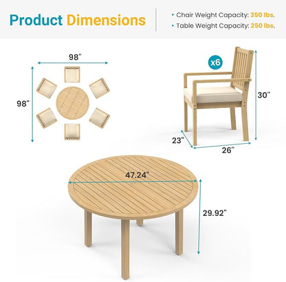 FansaFurn 7 Pieces Acacia Outdoor Patio Table and Chairs Set for All-Weather, Outside Furniture with Table Umbrella Hole and Removable Cushion for 6, Patio Table Set for Patio, Garden, Brown