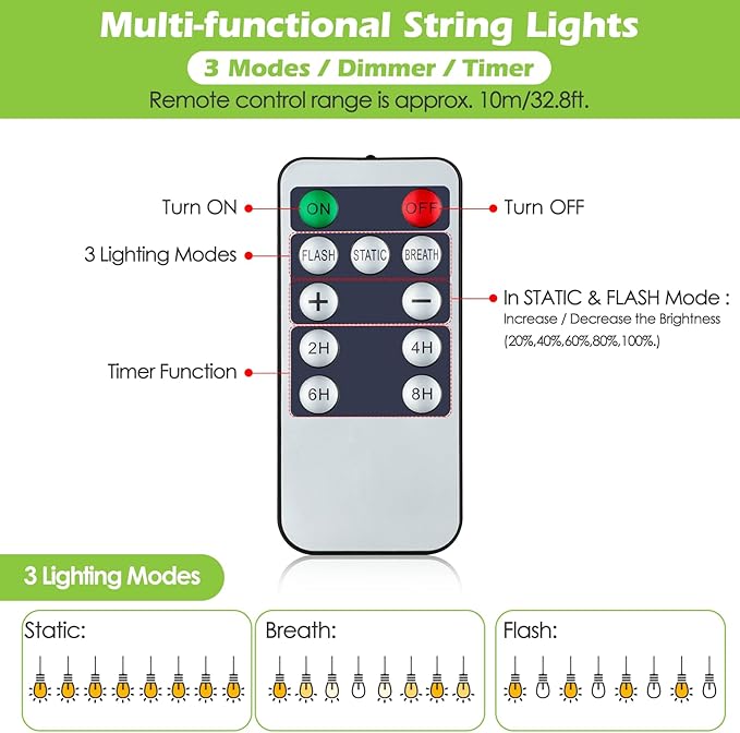 Larkvue 144FT(3 * 48FT) Outdoor String Lights with Remote, Dimmable Patio Lights with 45+5 LED Bulbs 3 Modes 4 Timers for Bistro Cafe, Black 3 Pack
