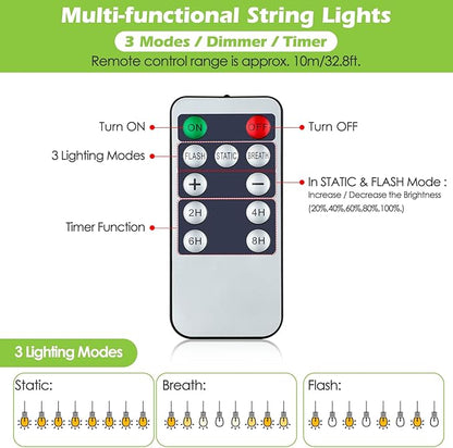 Larkvue 96FT(2 * 48FT) Outdoor String Lights with Remote, Dimmable Patio Lights with 30+4 Bulbs 3 Modes 4 Level Timers for Balcony Porch, Black 2 Pack