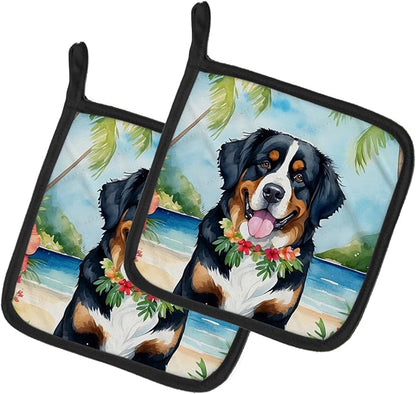 Caroline's Treasures Bernese Mountain Dog Luau Pair of Pot Holders Kitchen Heat Resistant Pot Holders Sets Oven Hot Pads for Cooking Baking BBQ, 7 1/2 x 7 1/2