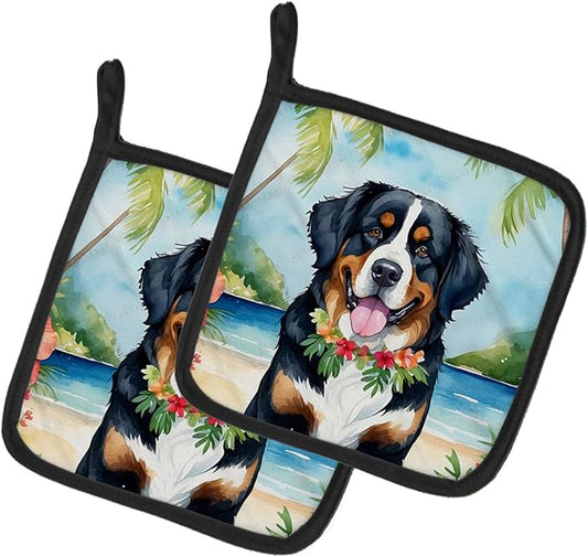 Caroline's Treasures Bernese Mountain Dog Luau Pair of Pot Holders Kitchen Heat Resistant Pot Holders Sets Oven Hot Pads for Cooking Baking BBQ, 7 1/2 x 7 1/2