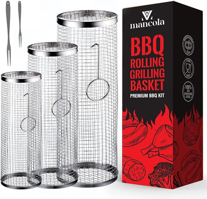 mancola BBQ Net Tube-Rolling Grilling Basket,Rolling Grilling Baskets for Outdoor Grilling,Round Stainless Steel BBQ Grill Mesh, Camping Barbecue Rack for Vegetables, French Fries, Fish
