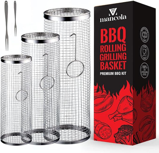 mancola BBQ Net Tube-Rolling Grilling Basket,Rolling Grilling Baskets for Outdoor Grilling,Round Stainless Steel BBQ Grill Mesh, Camping Barbecue Rack for Vegetables, French Fries, Fish