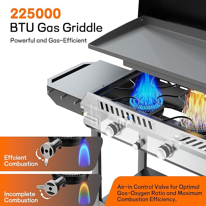 Veralune 2-in-1 Propane Stove & 33'' Griddle Combo with Ignition, 225,000 BTU Powerful Gas Stove & Grill with Side Shelves, Rolling Wheel & Regulator for Outdoor Backyard Camping Cooking Grilling