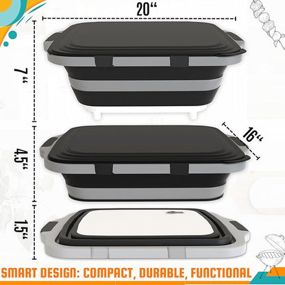 MAYALEAD BBQ Prep Tub with 2 Pcs Meat Shredder Claws, Collapsible Cutting Board, Cutting Board with Locking Lids, Drip Easy BBQ Prep Tub with lid-XL Size (Black)