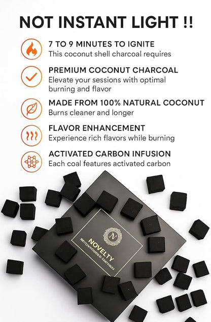 Novelty Coconut Charcoal Cubes with Aluminum Foil 25mm Natural Charcoal Coals, 72 Pieces (1kg), Long-Lasting, Low Ash, Clean Burn, Pack of 1