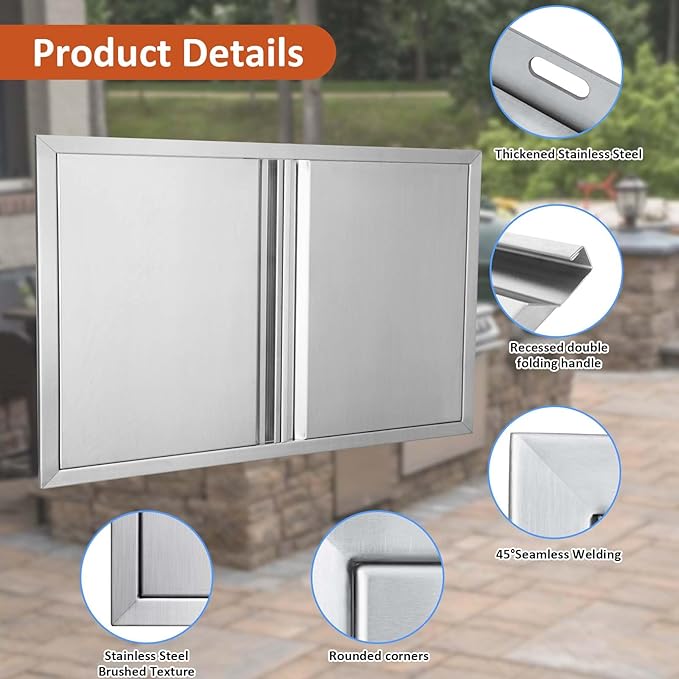 BI-DTOOL Outdoor Kitchen Double Doors 35" W X 24" H BBQ Access Door Thickened 304 Brushed Stainless Steel Doors for Indoor/Outdoor Kitchen Outdoor Cabinet Barbeque Grill or BBQ Island