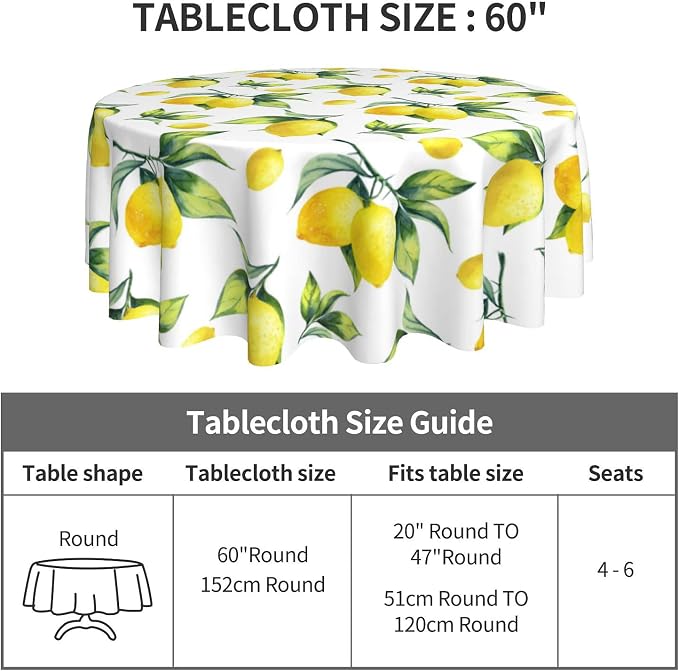 Sweetshow Lemon Tablecloth Round 60 Inches for Spring Summer Yellow Lemon Table Cloth Polyester Anti-Wrinkle Washable Circle Table Cover for Kitchen Dining Room Picnic Patio Wedding Party