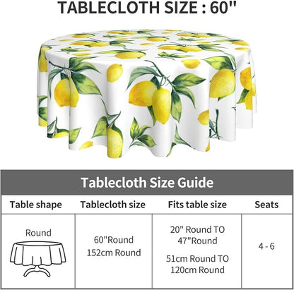 Sweetshow Lemon Tablecloth Round 60 Inches for Spring Summer Yellow Lemon Table Cloth Polyester Anti-Wrinkle Washable Circle Table Cover for Kitchen Dining Room Picnic Patio Wedding Party