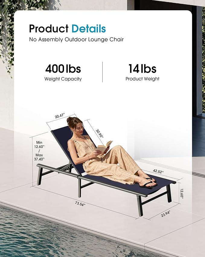 Ciokea Foldable Outdoor Lounge Chair, No Assembly Patio Chaise Lounge Outdoor with 5-Positions, Aluminum Pool Lounge Chair with Portable Design for Pool, Beach, Deck, Backyard, Navy Blue