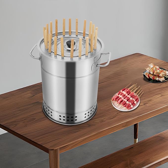 Portable BBQ Charcoal Grill with 30 Skewers, 110Lbs Capacity Smokeless Barbecue Hanging Grill Stove Charcoal Braised Grill Barrel 360° All Round Roasting Oven for Home Party (11.8x13.4)