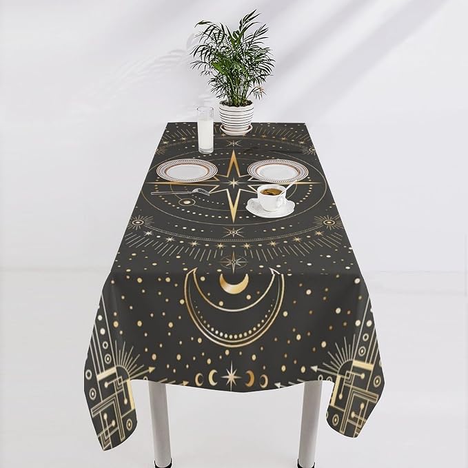 Vintage Tarot Moon Tablecloth Boho Mystical Crescent Moon Phases Star Galaxy Space Table Cloth Water Resistant Wipeable Table Cover for Picnic Party Holiday Kitchen Dinner Table 60"x90"