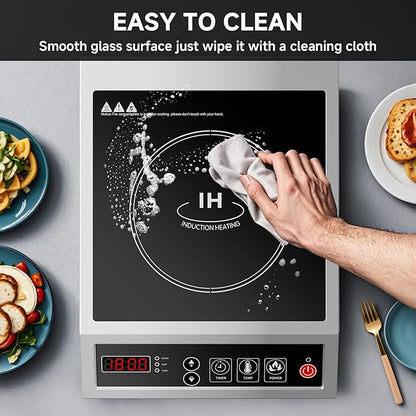 Induction Cooktop Commercial 1800W, Portable Countertop Burner with 8" Fast Heating Coil, 11 Temp/Power Levels, 24H Timer Stainless Steel Electric Stove for for RV Home Kitchen
