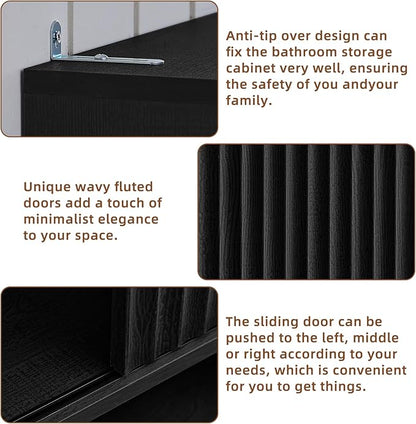 LEYAOYAO Fluted Over The Toilet Storage Cabinet, Farmhouse Over Toilet Bathroom Organizer with a Sliding Door, 68" Tall Black Freestanding Washer Shelf with Adjustable Shelf & Curved Profile