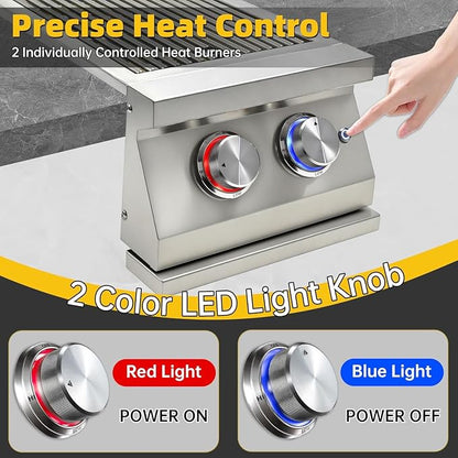 Double Side Burners for Outdoor Grill, Heavy-Duty 304 Stainless Steel | Built-in Side Burners with LED for Outdoor Kitchen BBQ Island, 2x17,000BTU Natural Gas Side Burner with Cast Brass Burner.