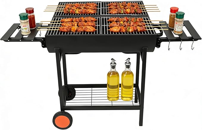 Barrel Barbecue Charcoal Grill 871 Square Inches Cooking Area Outdoor BBQ Grill with 2 Foldable Side Tables Charcoal Barrel Grills for Patio Backyard Camping Picnics Tailgating Parties