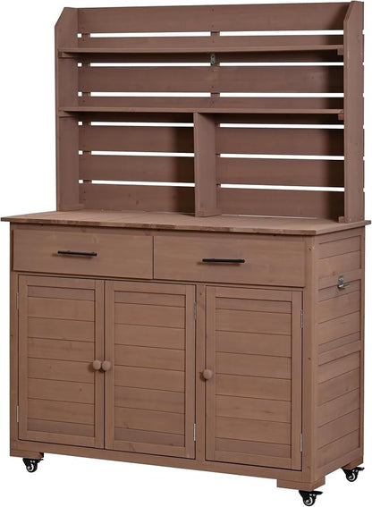 Outdoor Grill Cart with Storage Cabinet, Wood Outdoor Kitchen Island Prep Cart Grill Station for Food Prep and BBQ, Brown