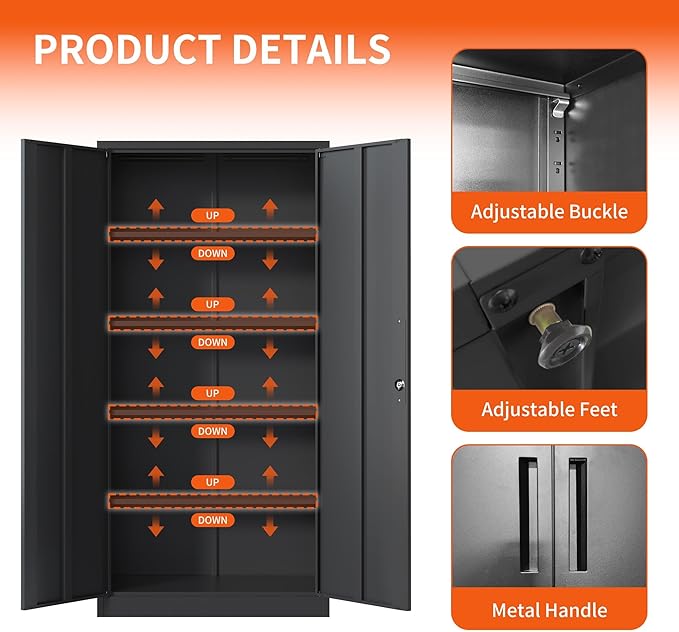 Metal Storage Cabinet with Adjustable Shelves, Garage Tool Cabinet with 2 Lockable Doors for Office, Home, Garage, Require Assembly, Black