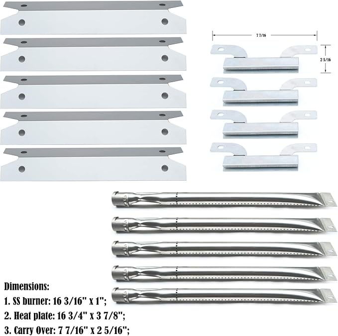 Parts Kit DG261 Replacement for Brinkmann 810-1575-W Gas Grill - Stainless Steel Burner, Carry-Over Tubes, and Heat Plate