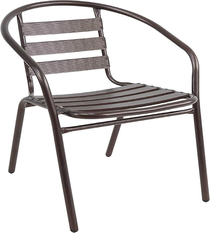Indoor Outdoor 23.75" Restaurant Stainless Steel Aluminum Metal Slat Stack Commercial Lightweight, 2 Chairs with a Round Table, Silver/Bronze