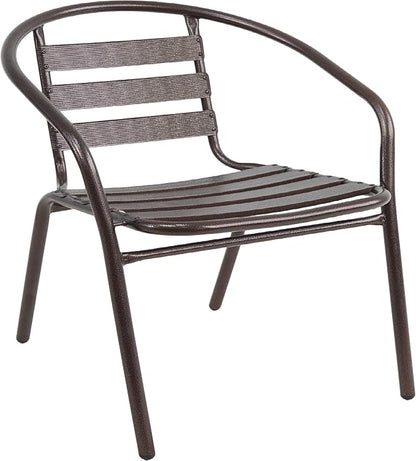 Indoor Outdoor 23.75" Restaurant Stainless Steel Aluminum Metal Slat Stack Commercial Lightweight, 2 Chairs with a Round Table, Silver/Bronze