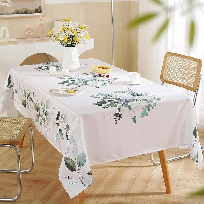SASTYBALE Eucalyptus Floral Tablecloth 52x70 Inch Rectangular | Washable, Spillproof, Wrinkle-Free Fabric Table Cloth for Spring Summer Indoor Outdoor Kitchen, Dining, Garden Decor