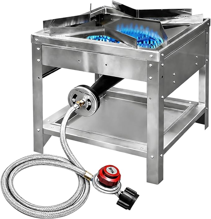 Stainless Steel Single Propane Burner – Outdoor Gas Cooker with 20 PSI Regulator, 200,000 BTU High-Power Portable Propane Stove for Outdoor Cooking, Turkey Frying, Seafood Boiling & More