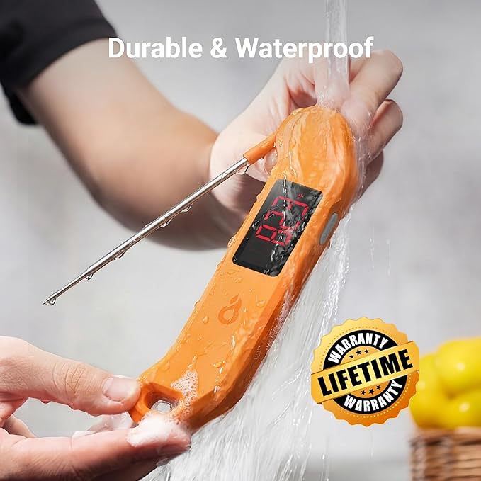 Professional Digital Meat Thermometer, 1 Sec Instant Read, ±0.5℉ Accuracy NIST&NSF Certified Food Thermometer, Auto-Rotate Bright LED Screen, Waterproof Cooking Thermometer for Grill BBQ, Orange