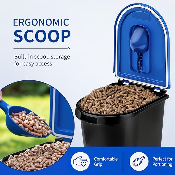 Maxdot 3 Sets 22lb Wood Pellet Storage Containers with Smoker Grill Pellet Label Stickers Spoon Locking Lid Charcoal Container Holds for Men Gift Smoker Charcoal Outdoor Grill Pellets Camping Party