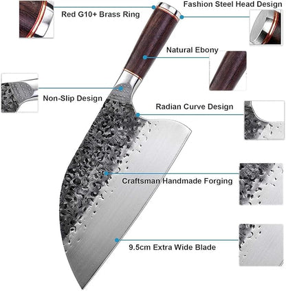 Smith Chu Handmade Forged Serbian Meat Cleaver Knife with Sheath Chef's knvies Full Tang Butcher Knife Outdoor Meat Vegetable Cleaver for Family, BBQ or Camping Gift for Dad