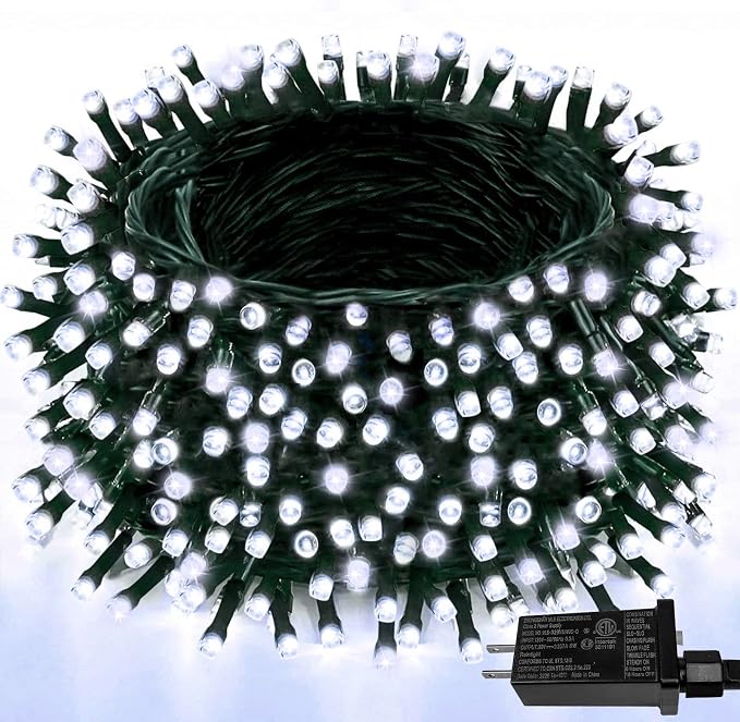 Extendable 108FT 300 LED Christmas String Lights Indoor Outdoor Cool White | Green Wire Ultra-bright,8 Modes, Timer and Memory Function, UL Certified Xmas fairy Lights for Tree Garden Railing Terrace