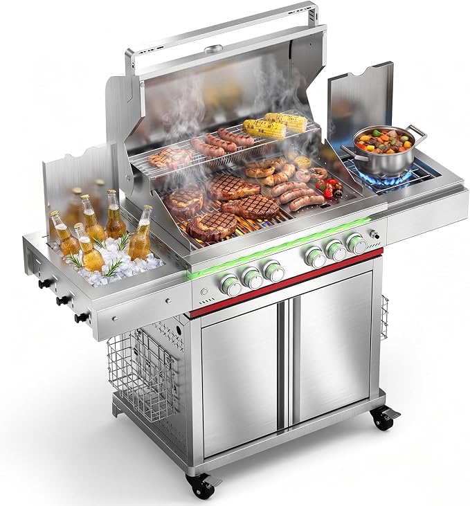 Electactic Heavy-duty Propane Gas Grill, SUS304 Stainless Steel 6-Burner BBQ Grill with 4 Main Burners, 1 Infrared Rear Burner, 1 Side Burner and LED Lights, High Performance Outdoor Grilling