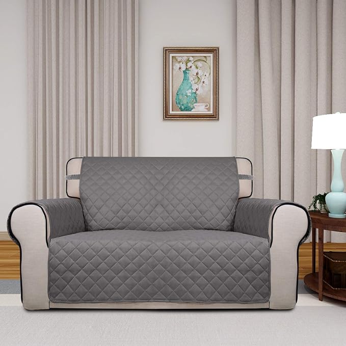 PureFit Reversible Quilted Couch Covers for Dogs Loveseat Sofa Cover 46.5” | Gray/Light Gray, Water Resistant Couch Protector, Washable Pet Couch Cover with Non Slip and Elastic Straps For Kids