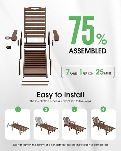 Lounge Chair Outdoor Set of 4 with Wheels, Adjustable 5-Position Chaise Lounge Outdoor, Patio Lounge Chair for Poolside Backyard, Brown
