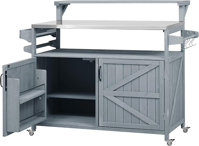 Outdoor Kitchen Island with Raised Shelf, Storage Cabinet with Stainless Steel Top,Outdoor Rolling Grill Cart with Internal Storage Rack, Adjustable Shelf,Spice Rack (Grey+Blue-@Outdoor cart)