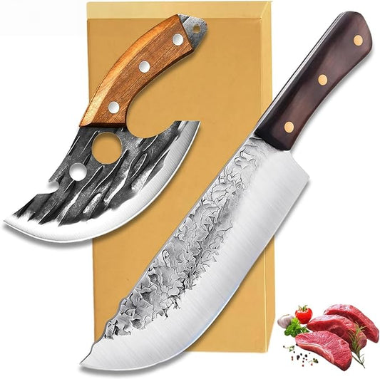 2PCS Meat Cleaver Knife, 7.48" Lightweight Cleaver Knifes, 5.5" Viking Knife with Leather Sheath, Full Tang High Carbon Steel, for Meat Cutting Home & Outdoor Cooking BBQ