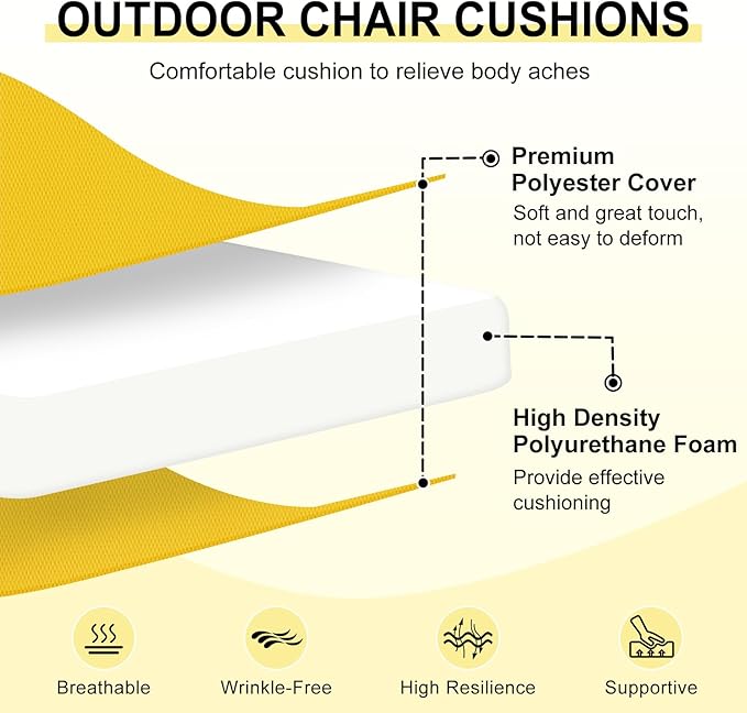 downluxe Outdoor Chair Cushions Set of 6 for Patio Furniture, Water-Resistant Patio Chair Cushions with Ties, High Density Foam Outdoor Seat Cushion, 17" X 16" X 2", Yellow