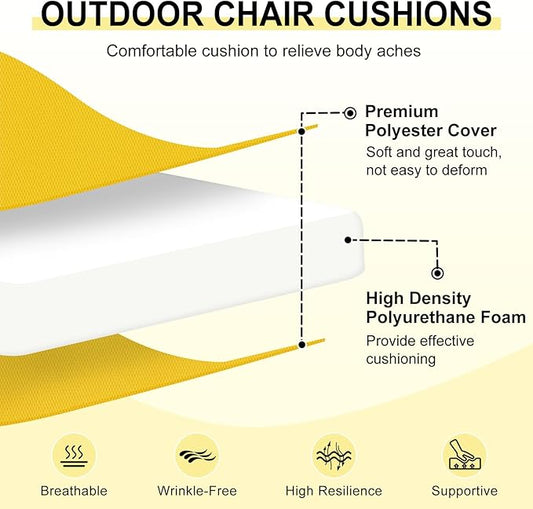 downluxe Outdoor Chair Cushions Set of 6 for Patio Furniture, Water-Resistant Patio Chair Cushions with Ties, High Density Foam Outdoor Seat Cushion, 17" X 16" X 2", Yellow