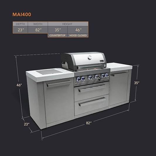 Mont Alpi Premium 82"W x 23"D x 46"H Stainless Steel Modular Outdoor Kitchen Island with Infrared Side Burner + 32"W 4-Burner BBQ Gas Grill + White Granite Countertops + Storage Cabinets + Drawers