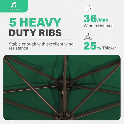 JEAREY 9ft Half Umbrella Outdoor Patio Umbrella Market Umbrellas with Crank, 1/2 Round Wall Umbrella 5 Sturdy Ribs UV Protection for Pool Garden Balcony Deck, Dark Green