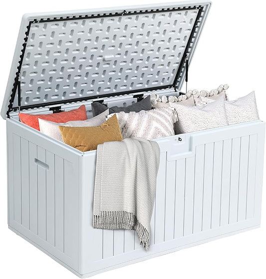DWVO 180 Gallon Double-Wall Deck Box, XL Large Resin Outdoor Storage Box, Lockable & Waterproof, Double as Seating, 1000lbs Capacity (Grayish-White)